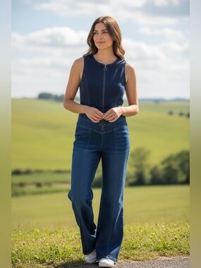 Heartthrob Denim Jumpsuit High Waisted Sleeveless Back Heart Pattern Flared Leg